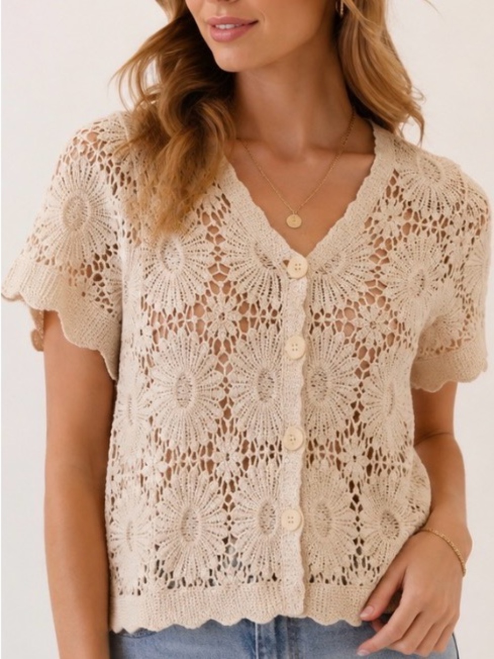 Rebellion Cream Crochet Button-Front Cardigan - Picture 1 of 3
